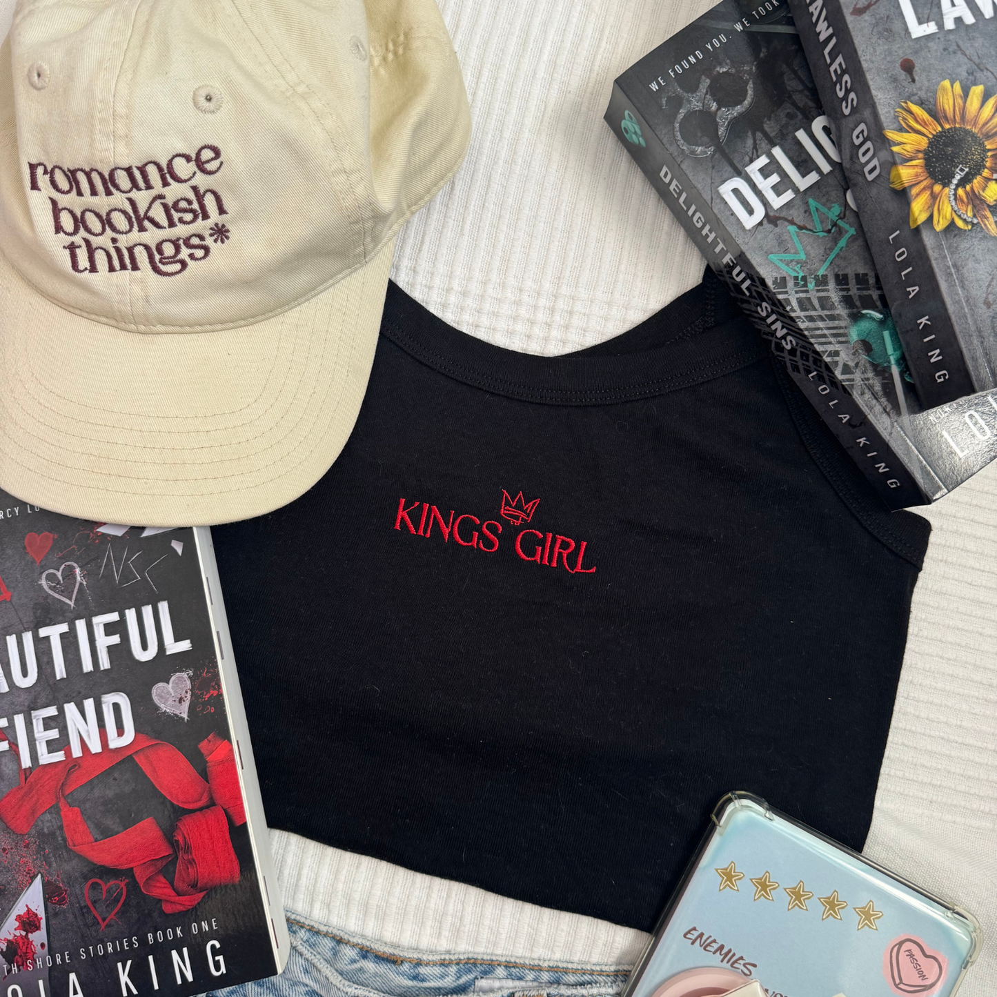 Beautiful Fiend Kings black tank top flat lay inspired by Lola King