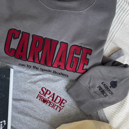 Carnage Spade Brothers embroidered sweatshirt flat lay inspired by the L.O.R.D.S series by Shantel Tessier