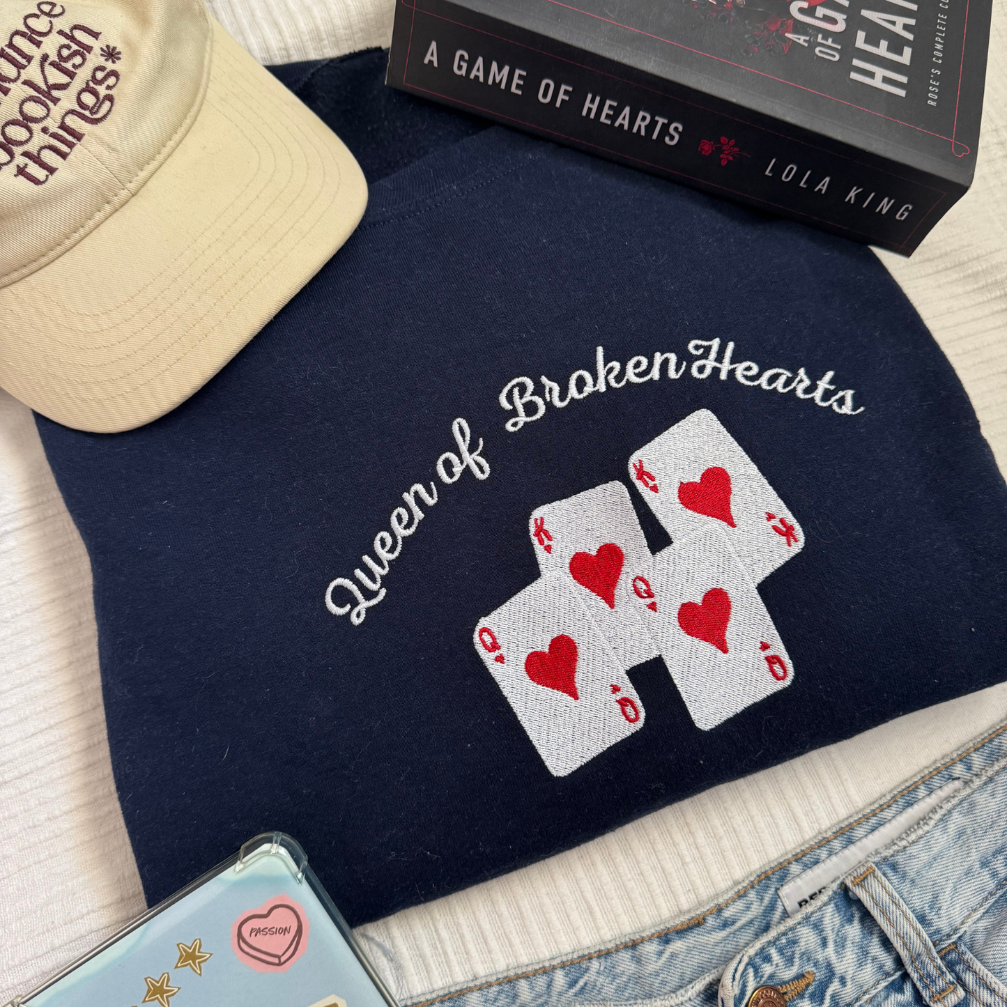 Rose’s Duet Broken Hearts embroidered sweatshirt flat lay inspired by Lola King