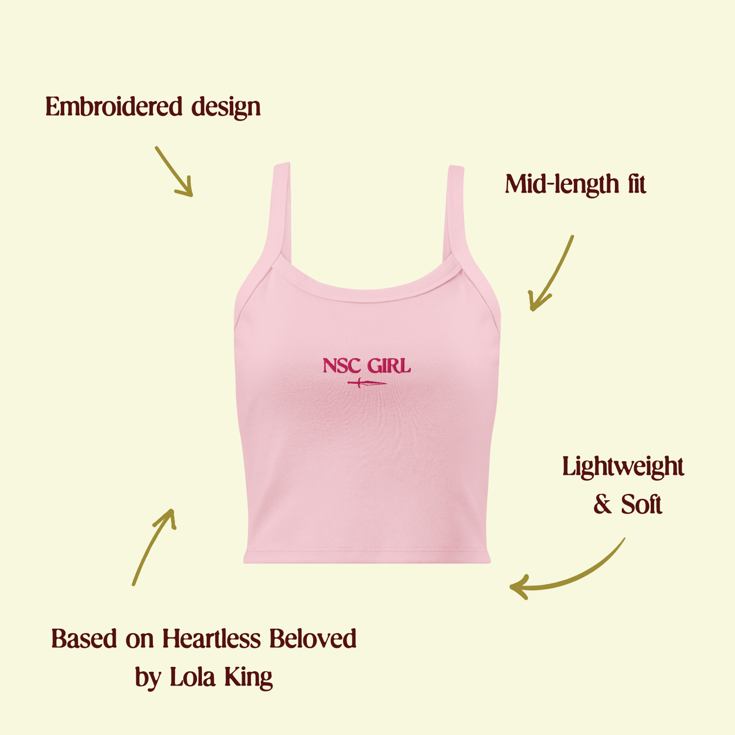 "NSC Girl tank top with highlighted features like breathable fabric, mid-length fit and pink embroidery
