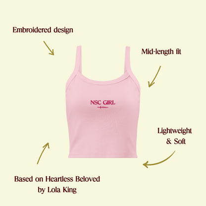 "NSC Girl tank top with highlighted features like breathable fabric, mid-length fit and pink embroidery