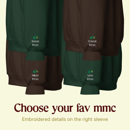 embroidered sleeve detail Ryan Brothers Emerald Shamrock sweatshirt inspired by Rina Kent