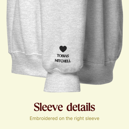 embroidered sleeve detail Tobias Mitchell sweatshirt inspired by Edge of Darkness by Leigh Rivers