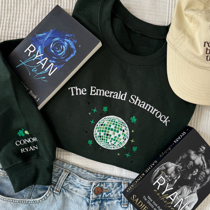 Emerald Shamrock embroidered sweatshirt flat lay inspired by Sadie Kincaid