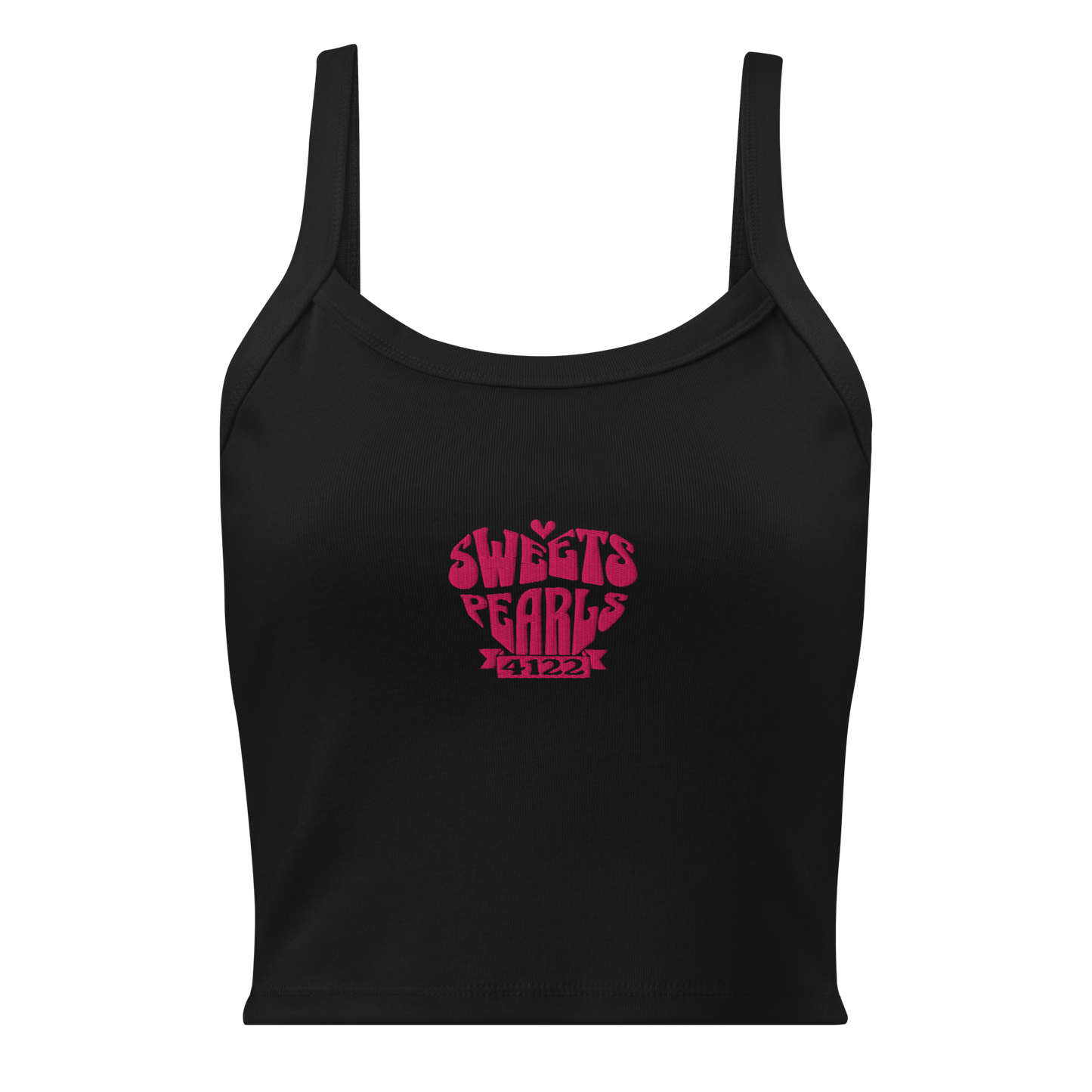 Black tank top with dark pink embroidered heart featuring 'sweets' and '4122 pearls' from Loving the Lair by Lola King