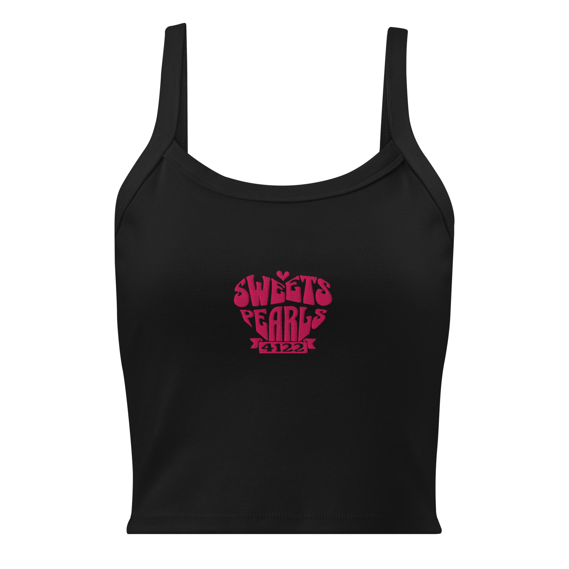 Black tank top with dark pink embroidered heart featuring 'sweets' and '4122 pearls' from Loving the Lair by Lola King