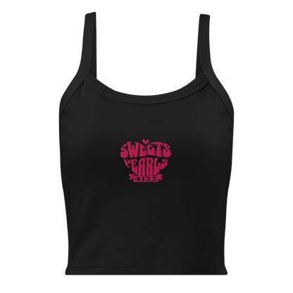 Black tank top with dark pink embroidered heart featuring 'sweets' and '4122 pearls' from Loving the Lair by Lola King