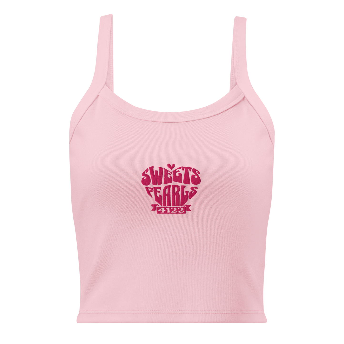 Pink tank top with dark pink embroidered heart containing ‘sweets’ and ‘4122 pearls’, inspired by Ella & Chris