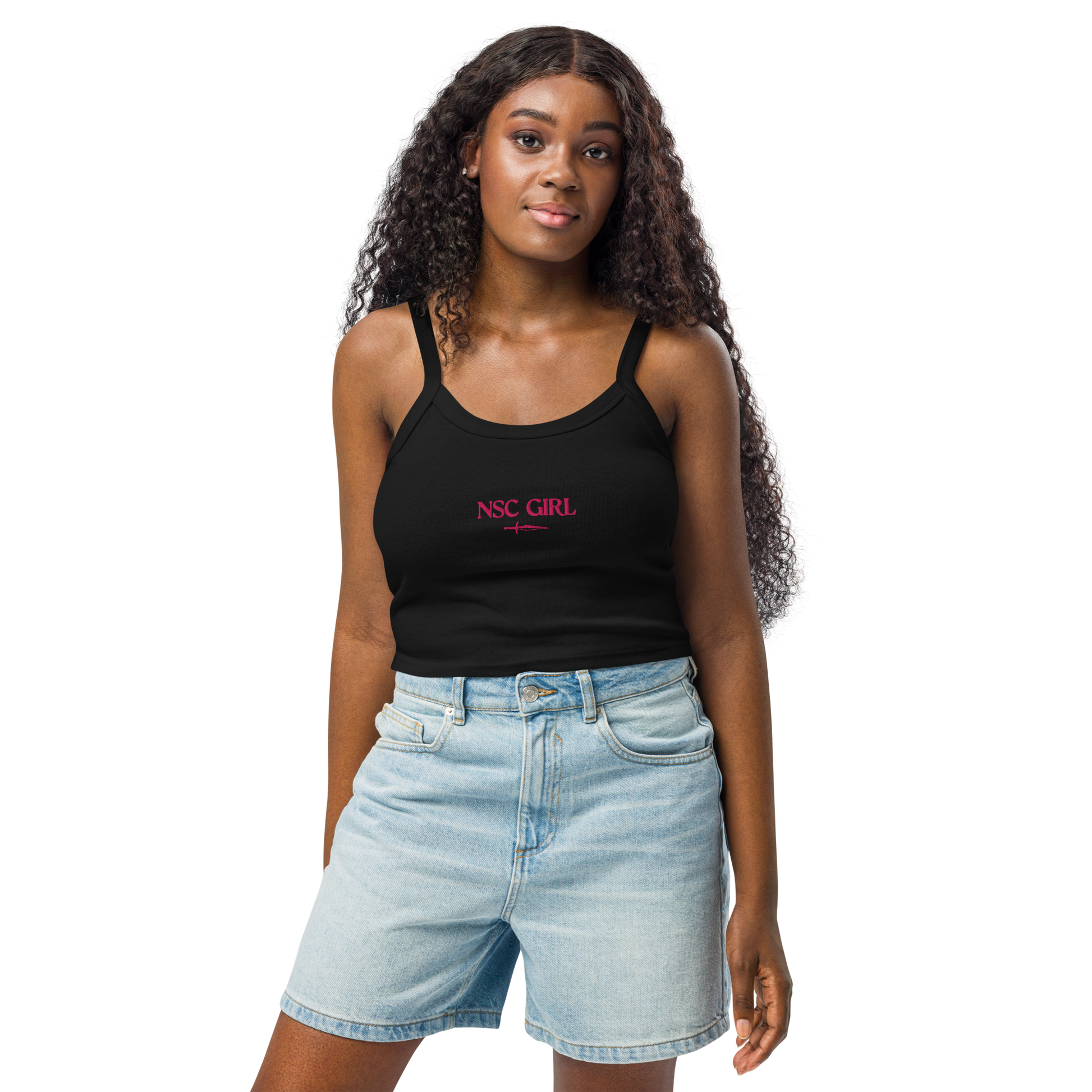 Model wearing the black NSC girl Tank Top with pink embroidery