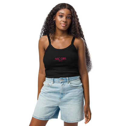 Model wearing the black NSC girl Tank Top with pink embroidery