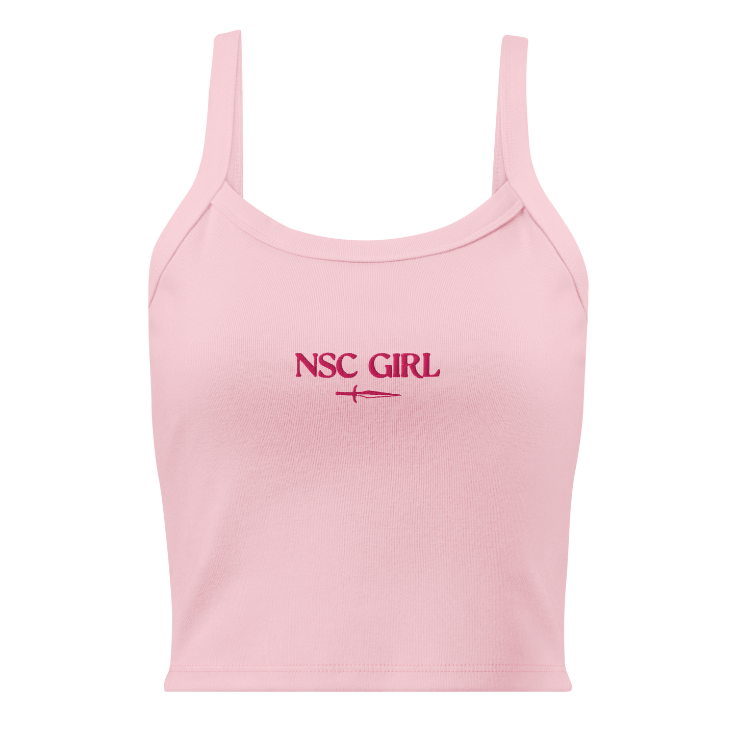 Pink tank top with pink embroidered text 'NSC girl' on the front, official North Shore merch inspired by Xi