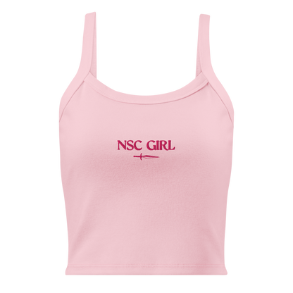Pink tank top with pink embroidered text 'NSC girl' on the front, official North Shore merch inspired by Xi