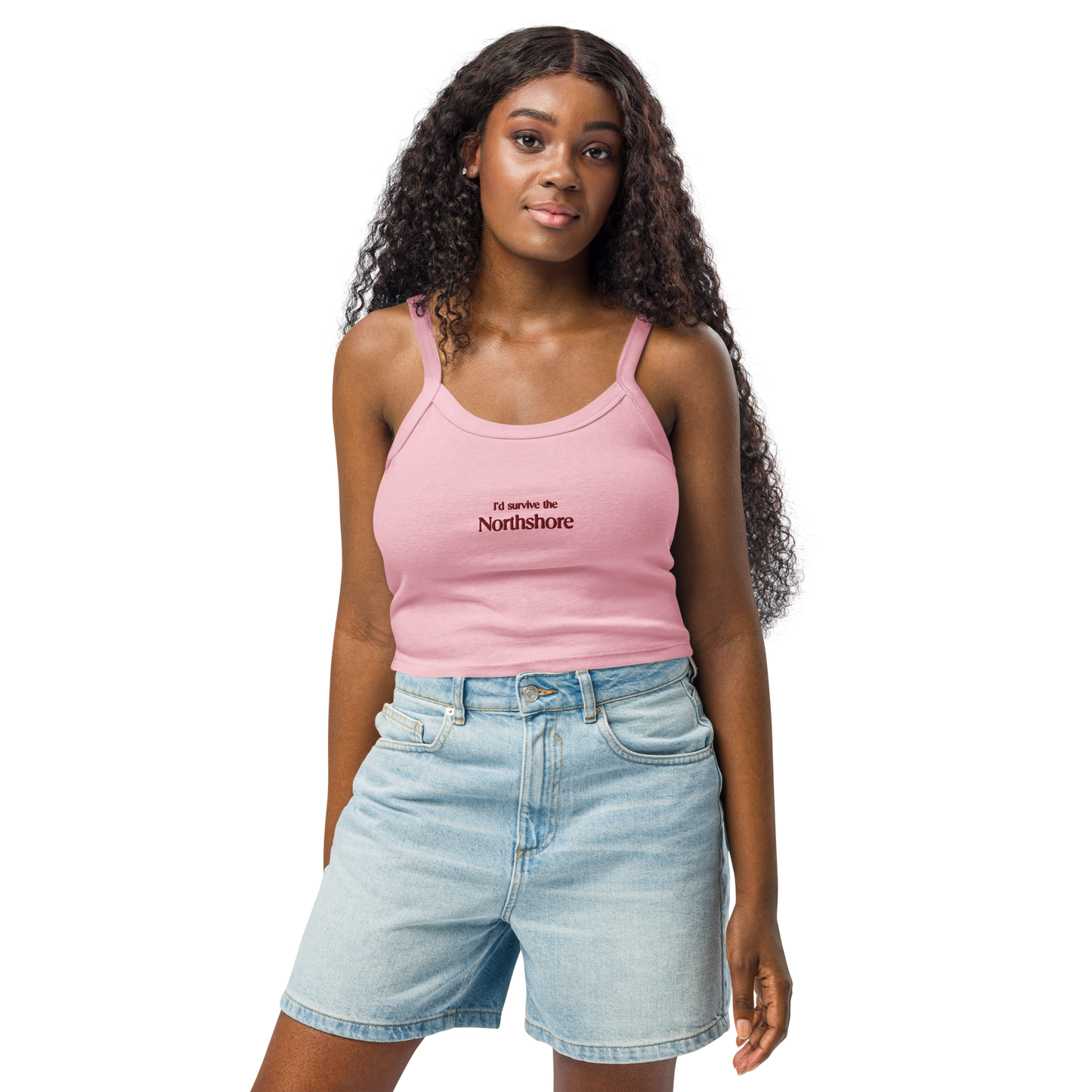 Model Mock Up Pink Tank Top with text I´d survive the Northshore Lola King Merch